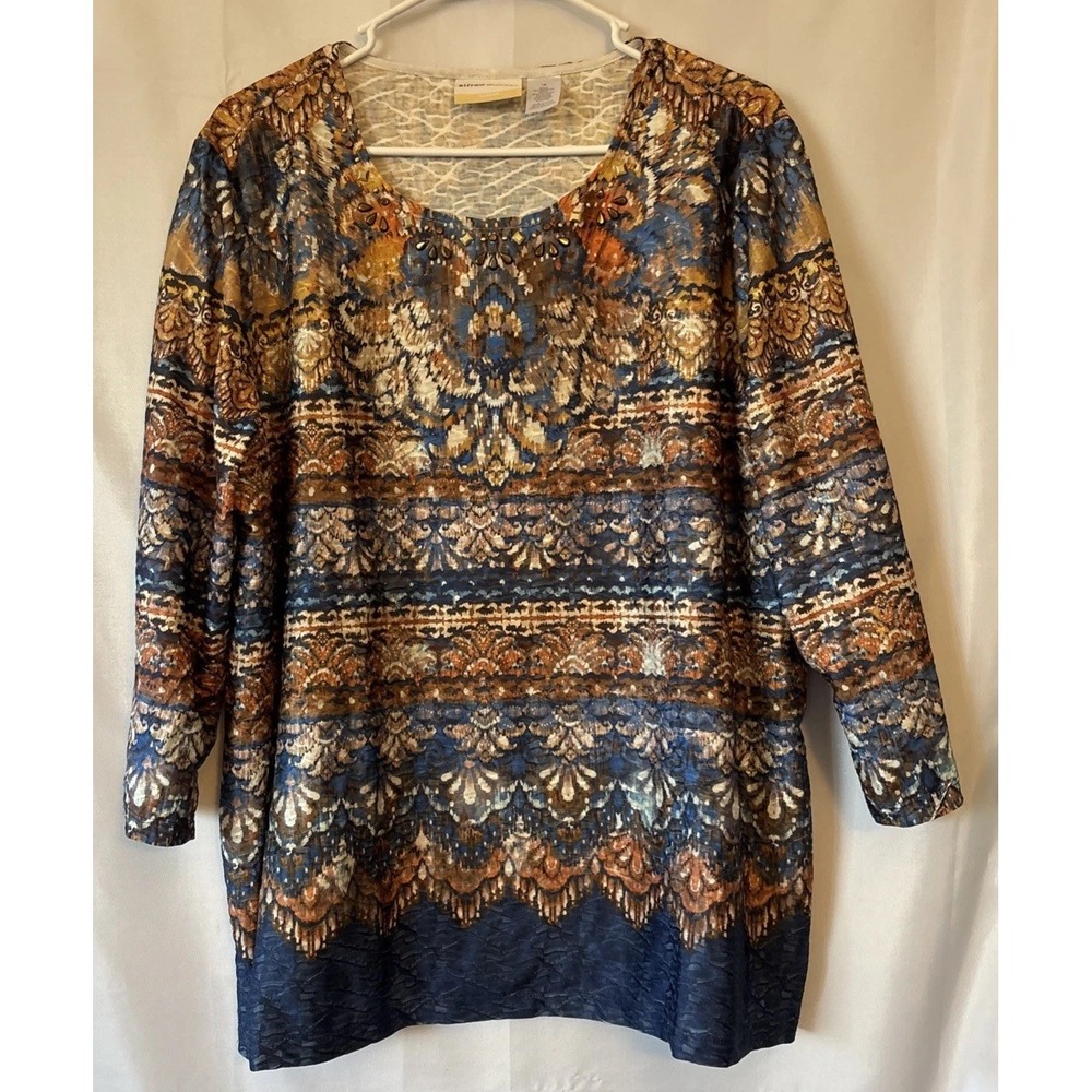 Women's Multicolor Earth Tones Boho 3/4 Sleeve Embellished Collar Gems 1X Blouse